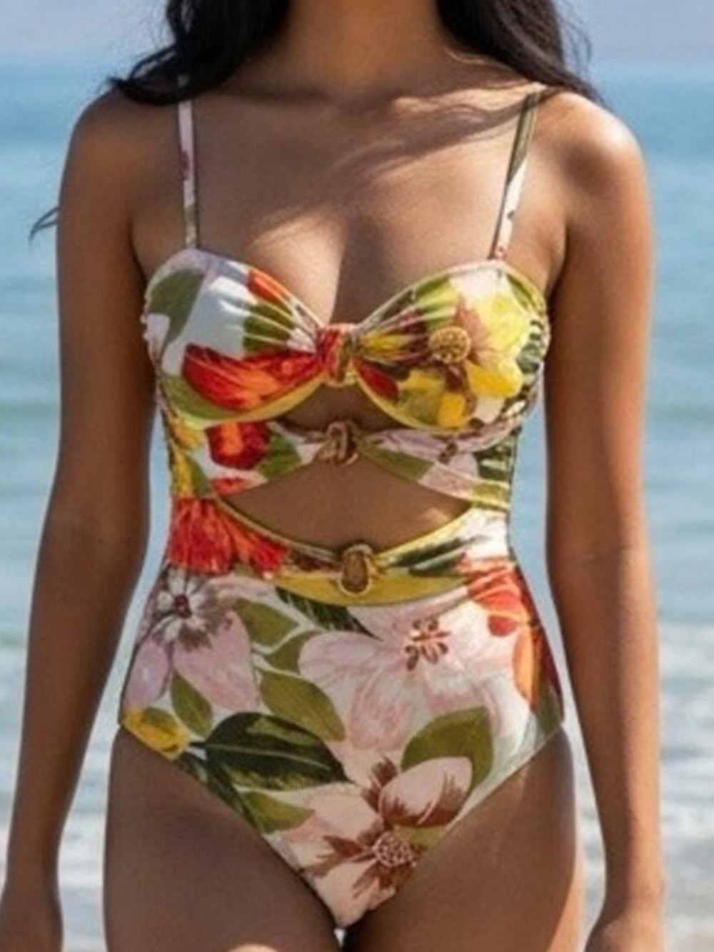 Aerie Bold Floral Triple Knot One Piece Cheeky Swimsuit XS Long Bathing Suit